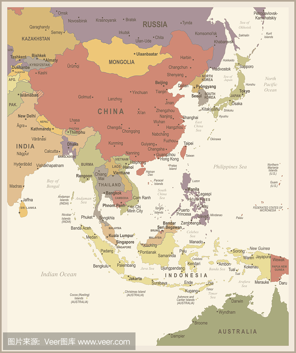 东亚地图 - 葡萄酒矢量图