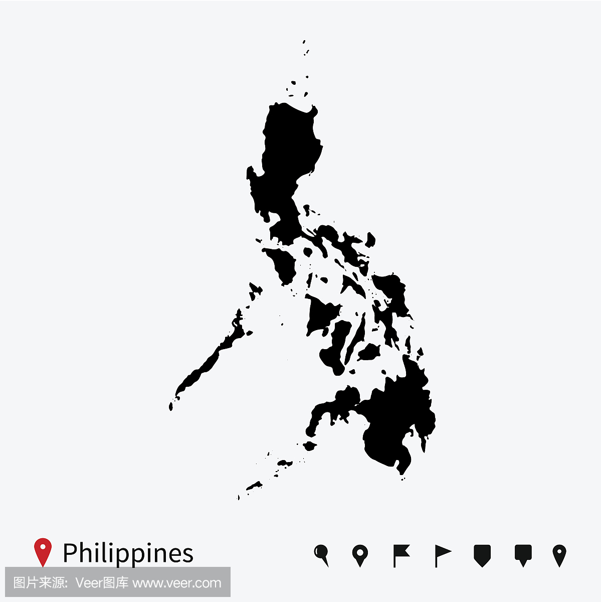 菲律宾的高详细矢量地图导航引脚。
