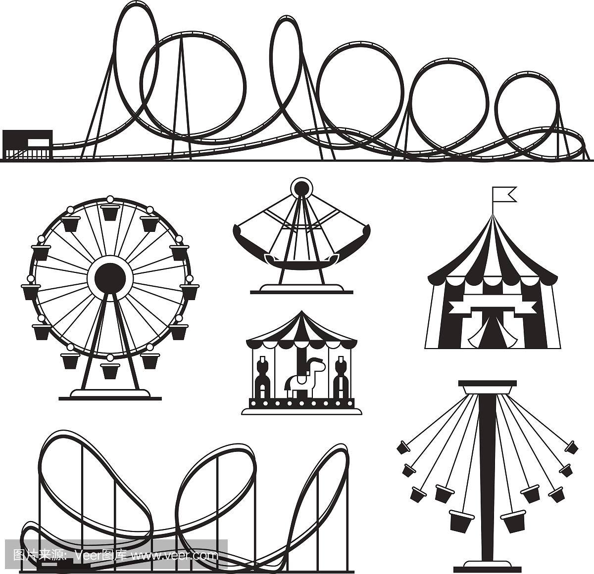 游乐园,过山车和旋转木马矢量图标