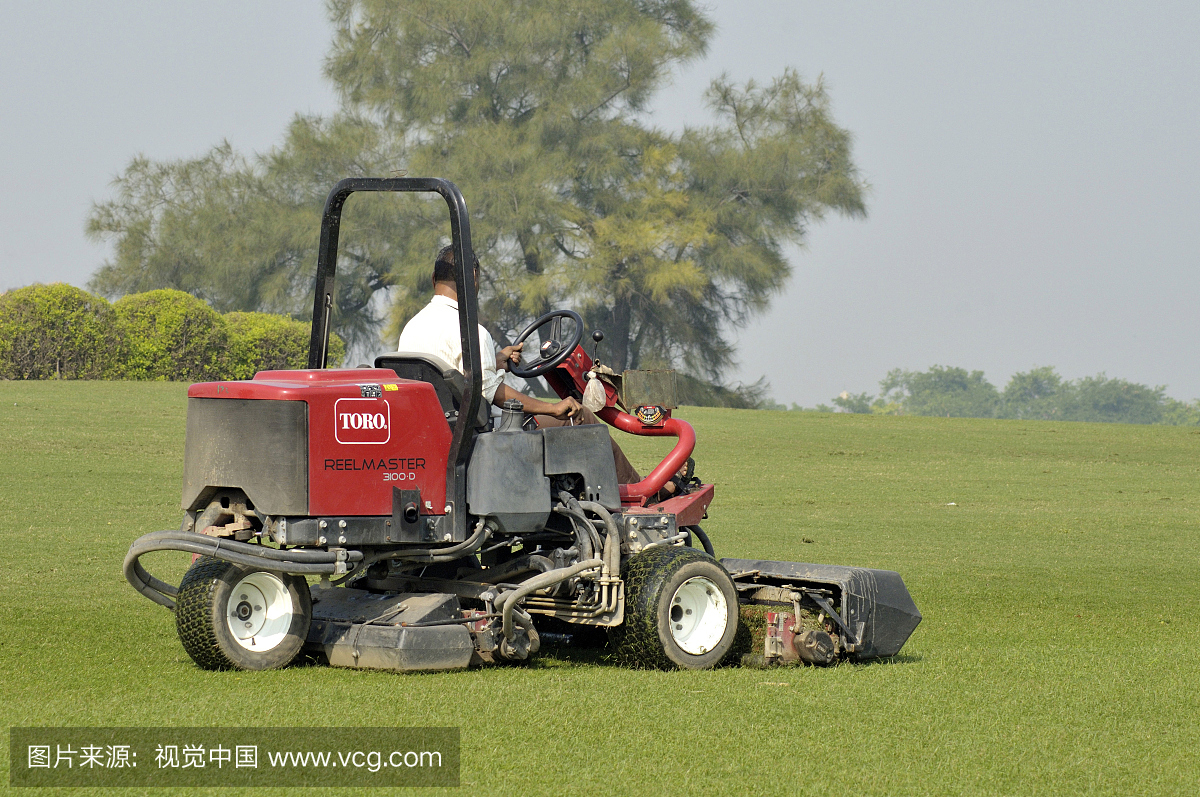 Gardener mowing lawn with mowing machine in