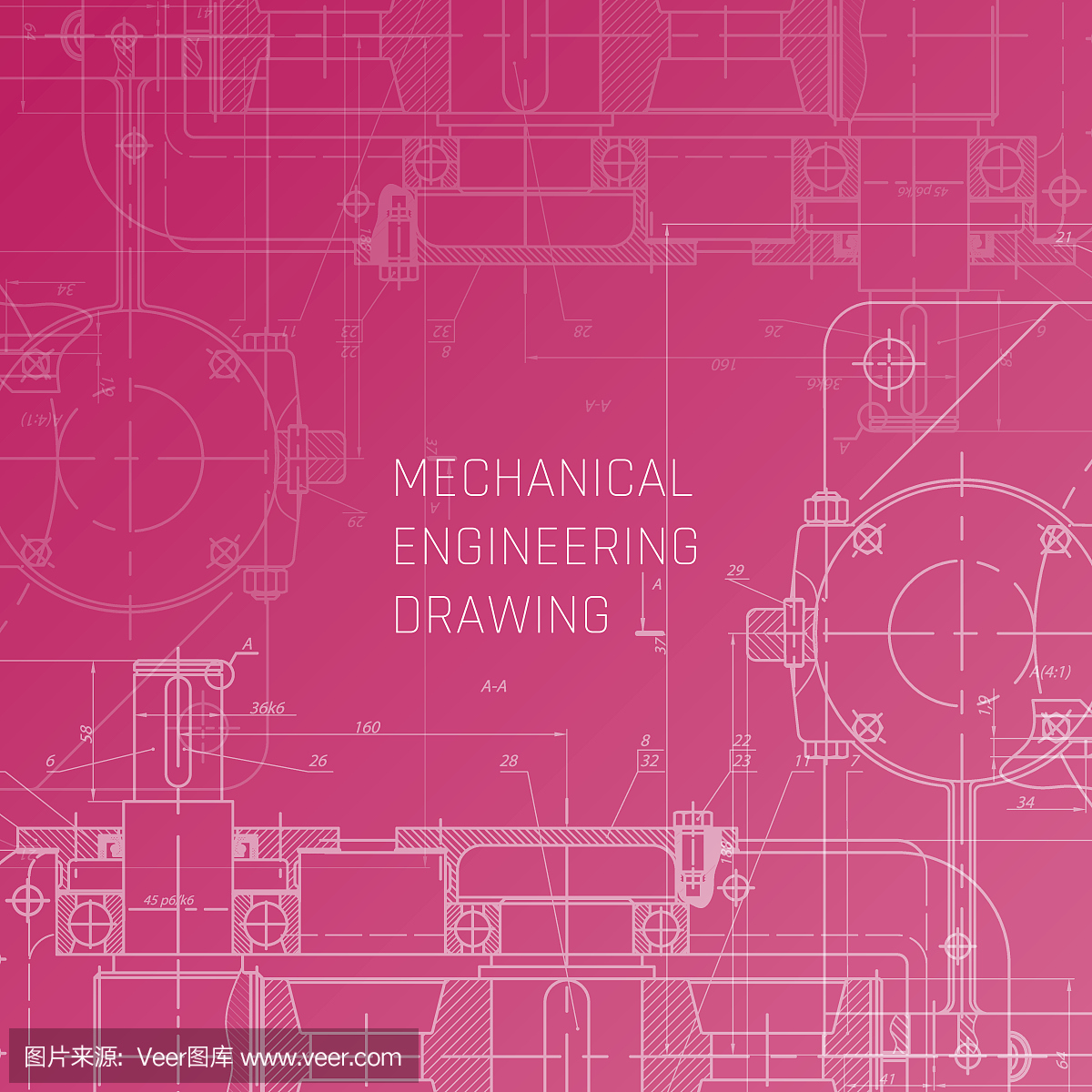 机械工程制图。工程制图背景。蓝图矢量。