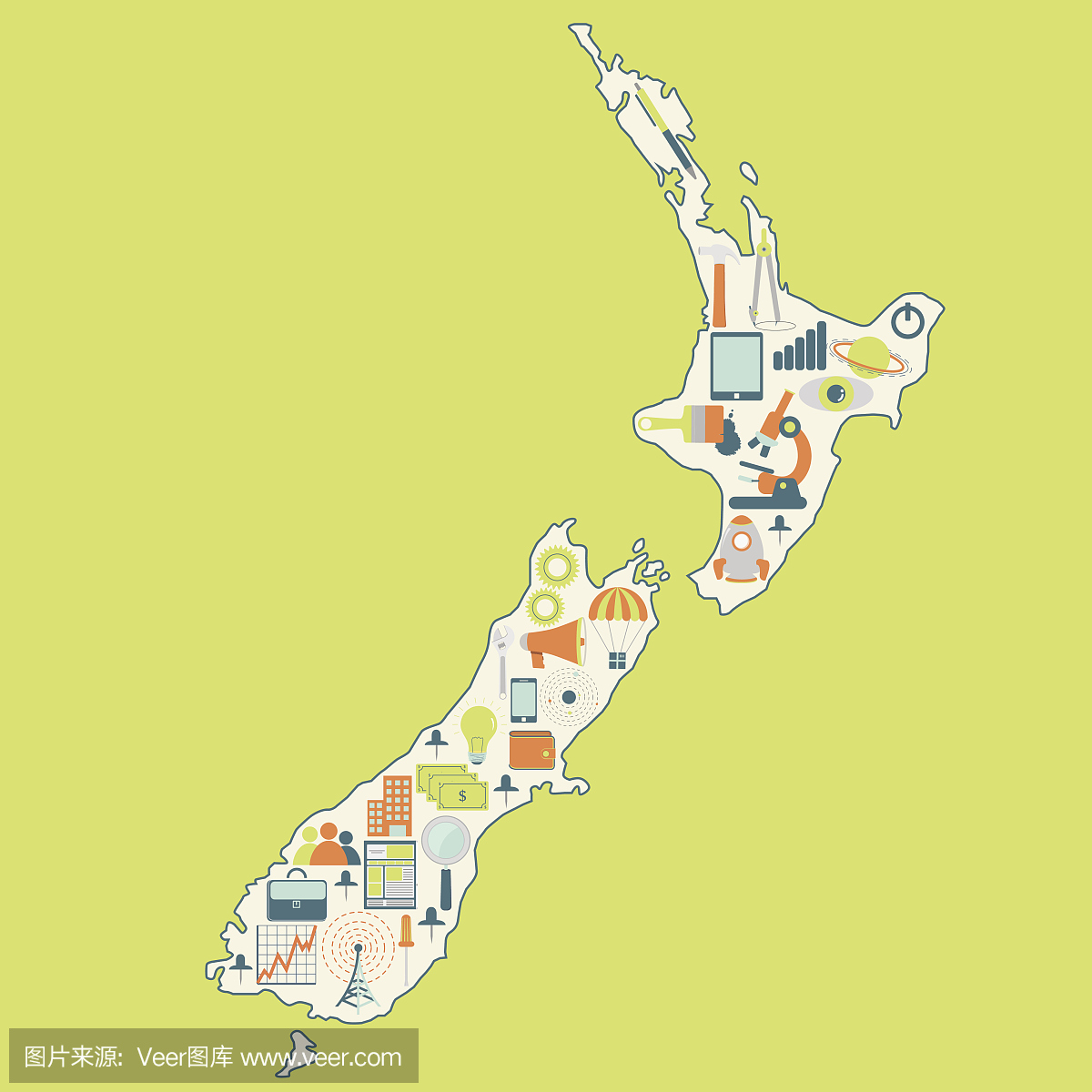 新西兰地图与技术图标