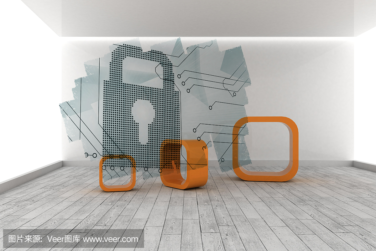 在房间里显示电路板和锁的抽象屏幕