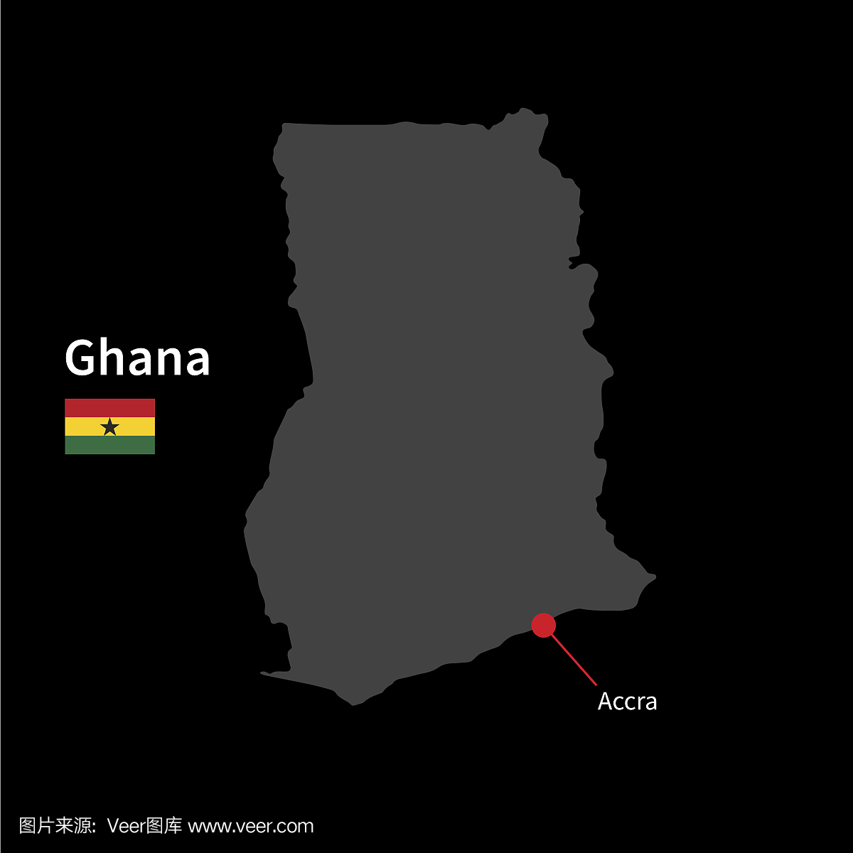 加纳和首都阿克拉国旗的详细地图