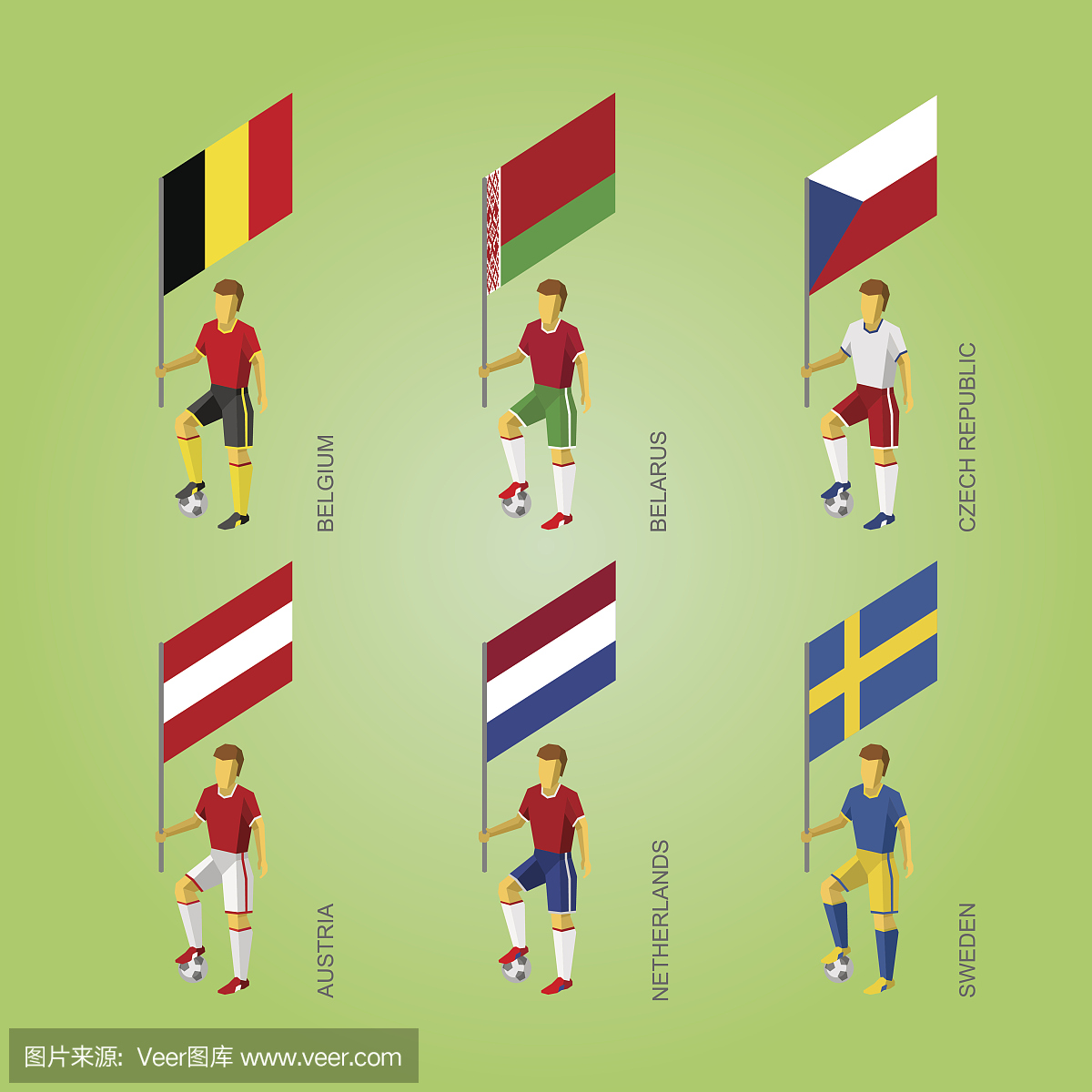 具有国旗的足球运动员:比利时,白俄罗斯,捷克,奥