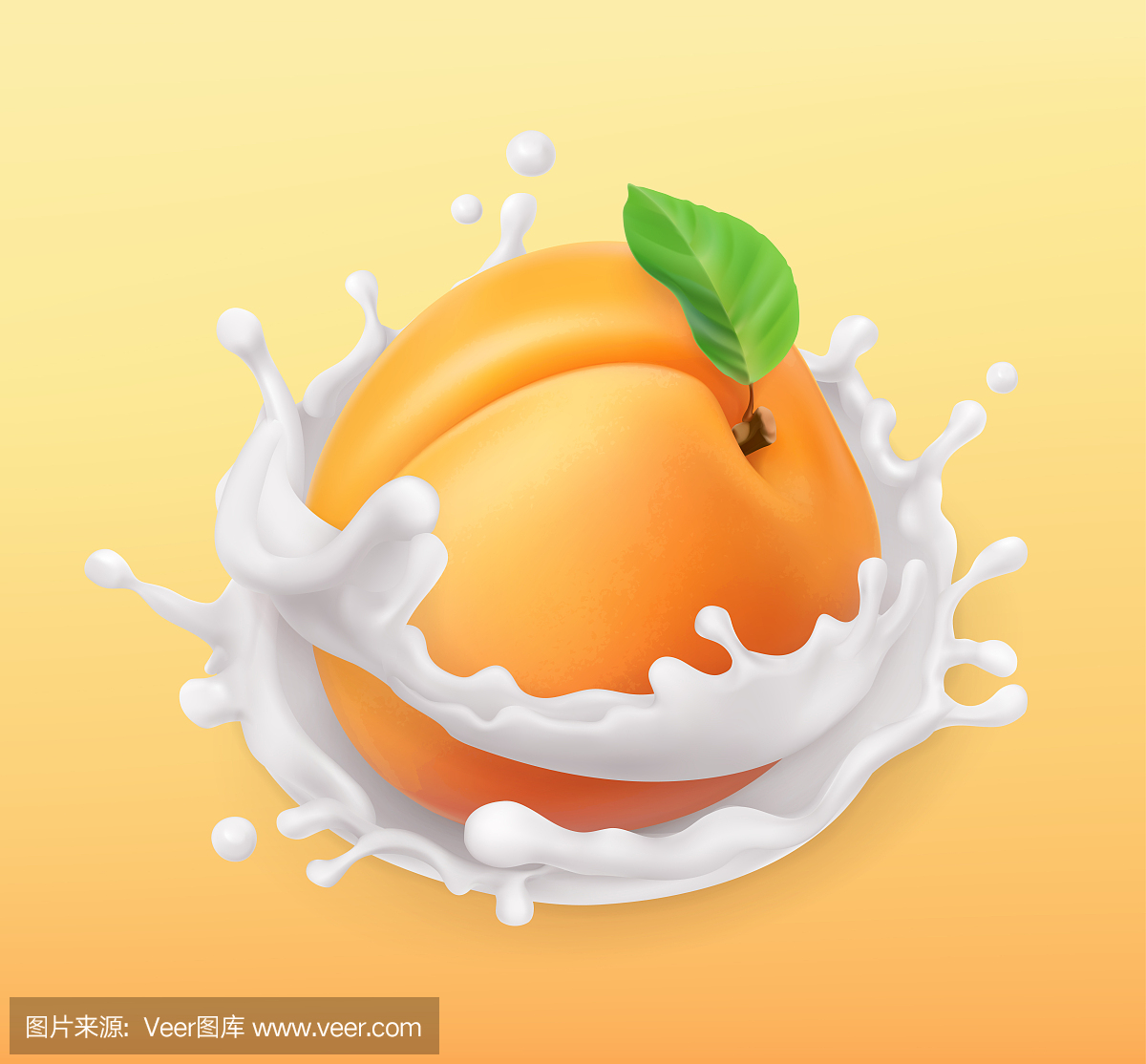 杏和牛奶飞溅。水果和酸奶。现实的例证。 3d