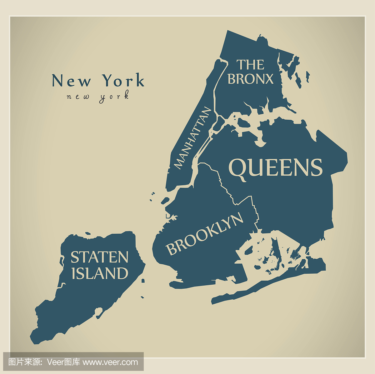 现代城市地图 - 美国纽约市的自治市镇和标题