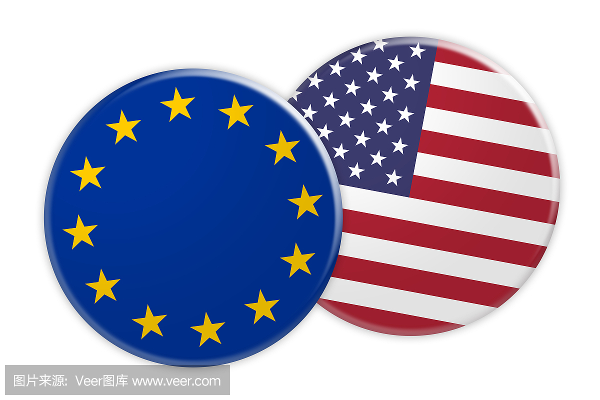 新闻概念:欧盟国旗按钮美国国旗按钮,3d白色背