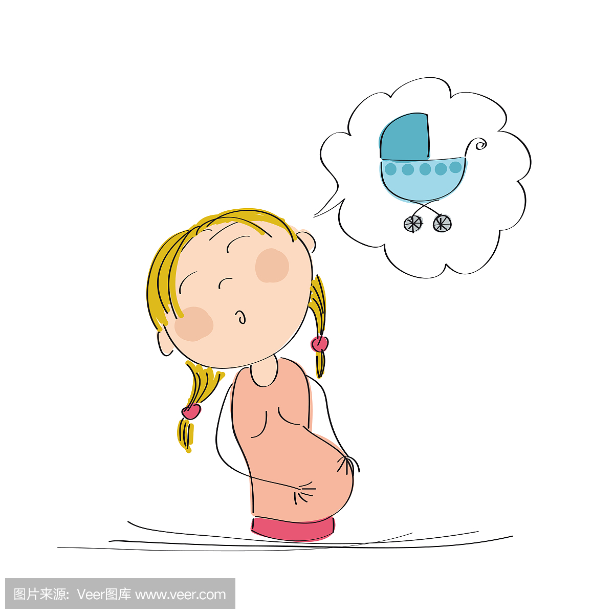 孕妇梦到为她的宝贝 - 原始手工绘制的插图买一