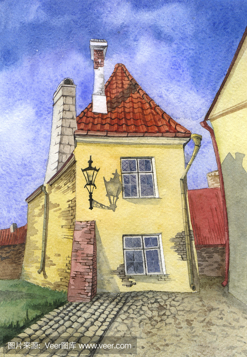 中世纪房屋的水彩画