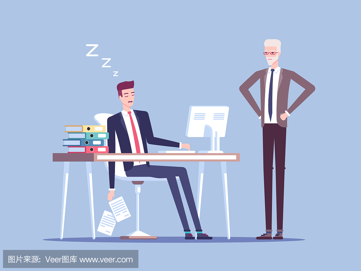gry boss and male office worker falling asleep a