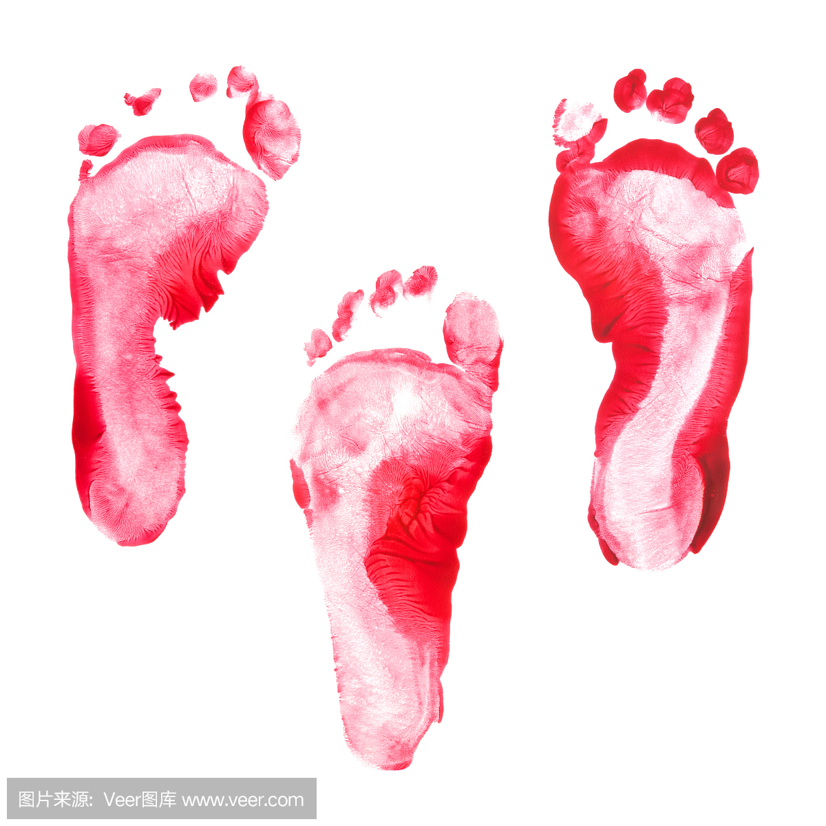 孩子脚印红色颜色设置隔离在白色背景上。很多