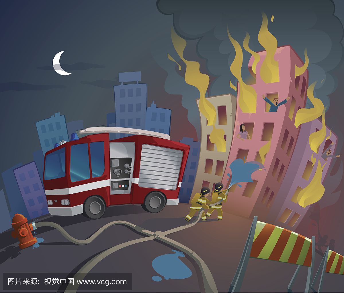 消防员的卡通形象救人们免受火灾