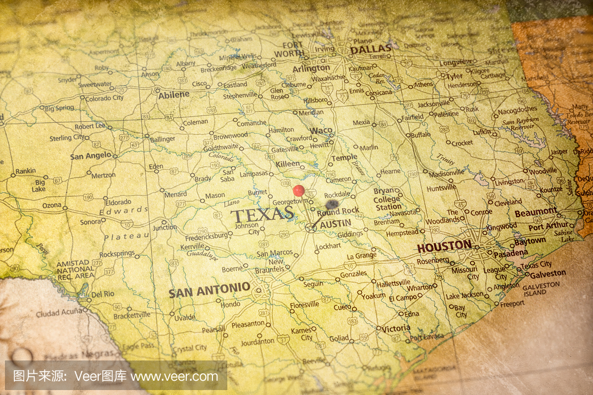 德克萨斯州地图与Pin在奥斯汀
