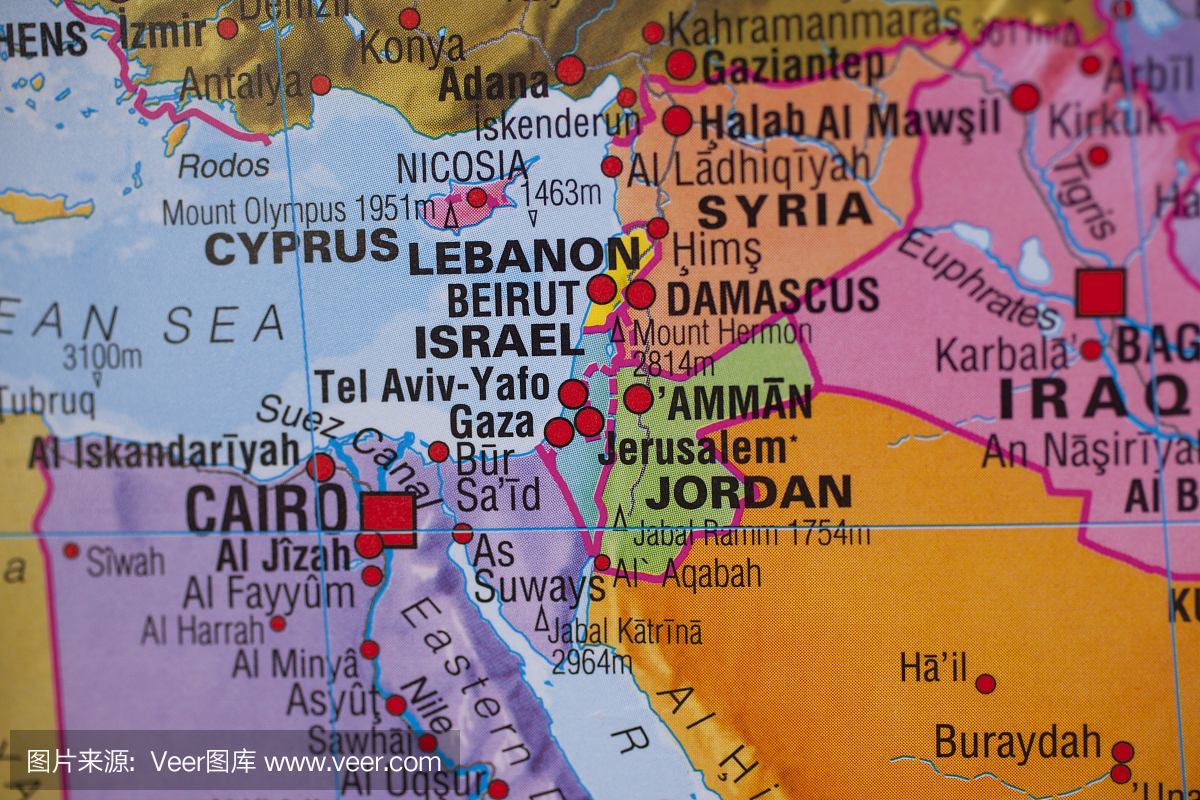 国界:加沙地图,以色列,约旦,黎巴嫩,叙利亚边界