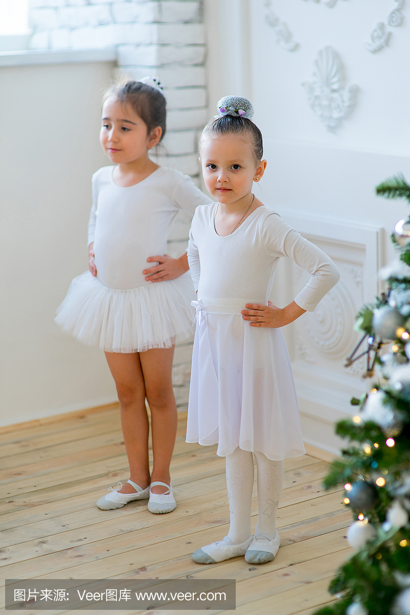 两个年轻的芭蕾舞演员在圣诞树附近学习课程