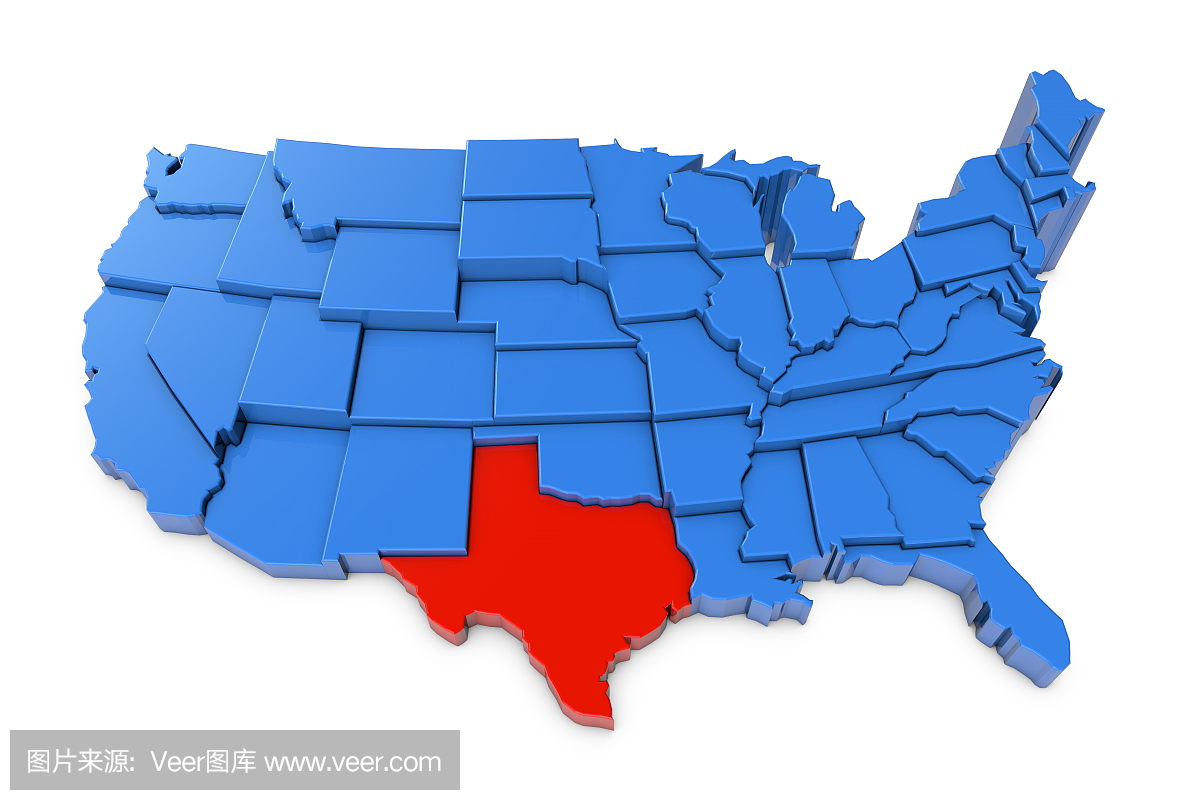 德州州的美国地图用红色突出显示
