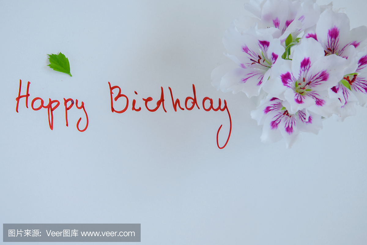 生日快乐贺卡与鲜花在白色的背景,文本的空间