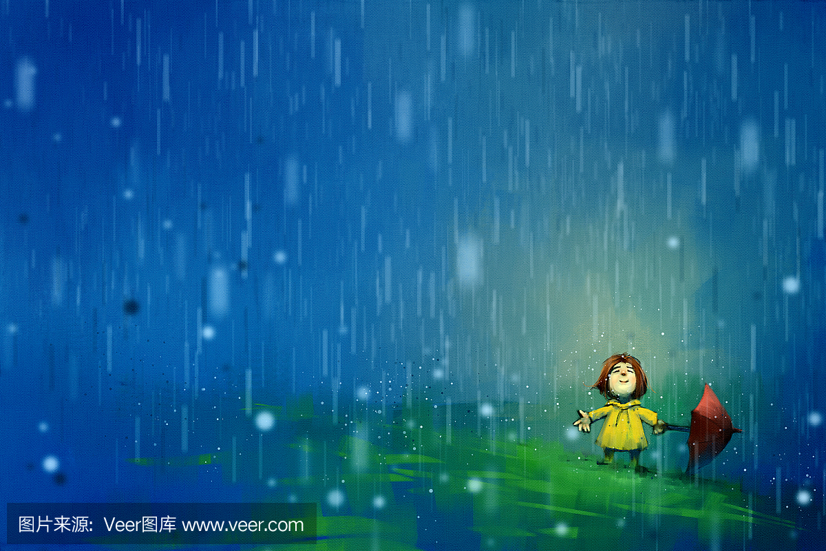 数字绘画的女孩在雨中的红色雨伞,在画布上的