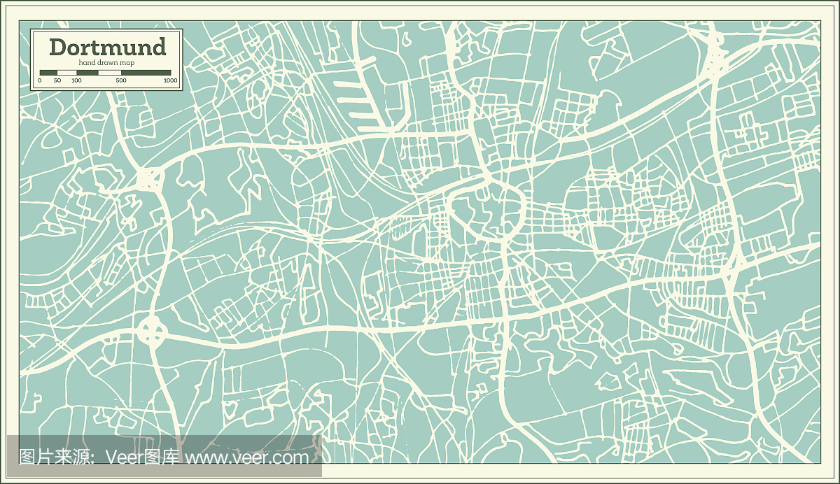 多特蒙德德国城市地图中的复古风格。大纲地图
