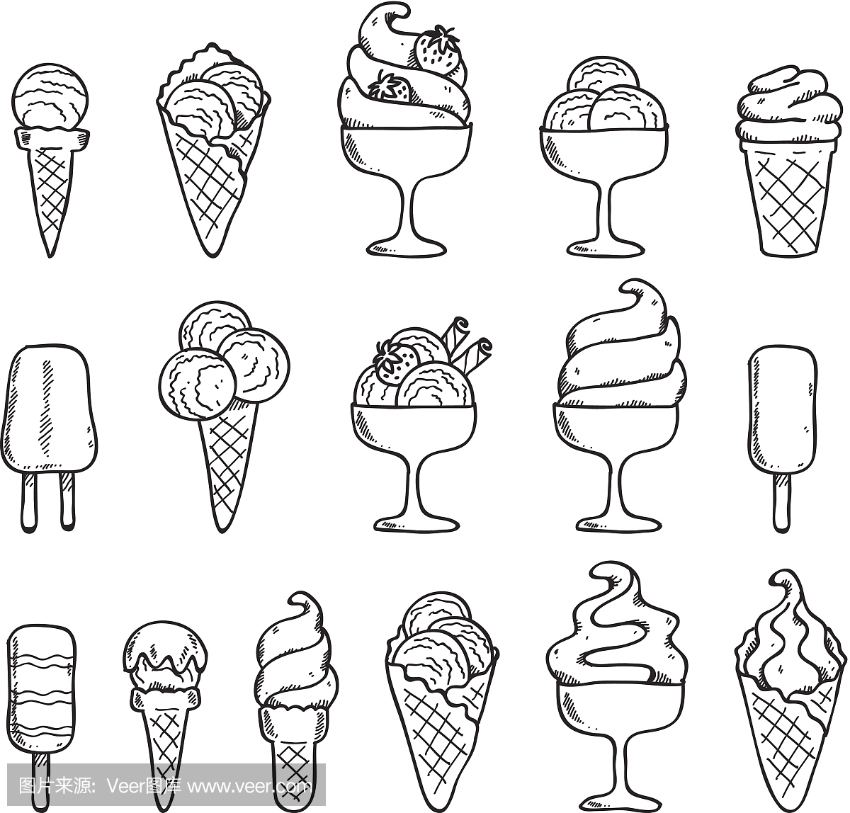 冰淇淋黑白图标设置为素描风格。