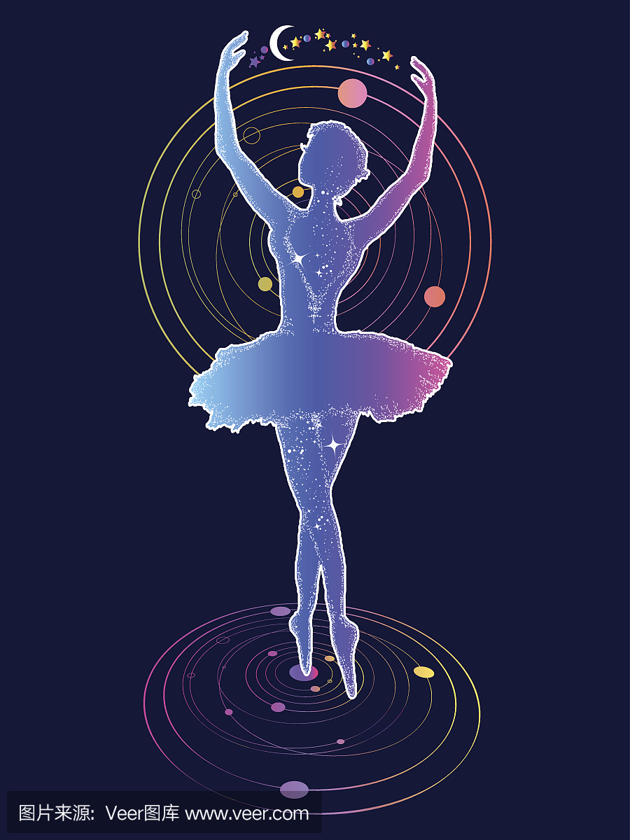 女孩舞蹈太空T恤设计现代艺术图形。艺术,诗歌