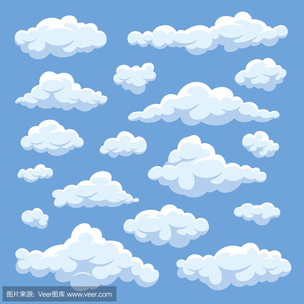 e cartoon clouds in blue sky vector set. Cloudy 
