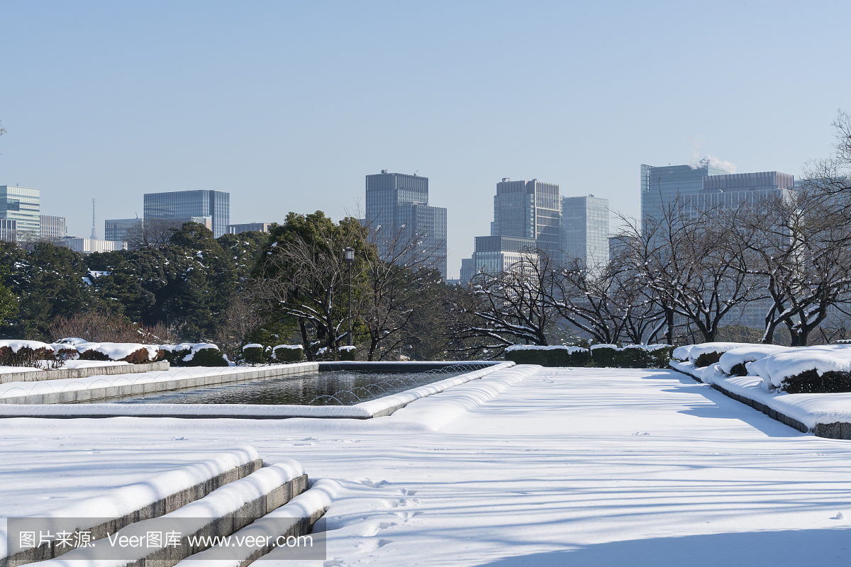 雪在日本东京千代田区的日比谷和丸之内地区的
