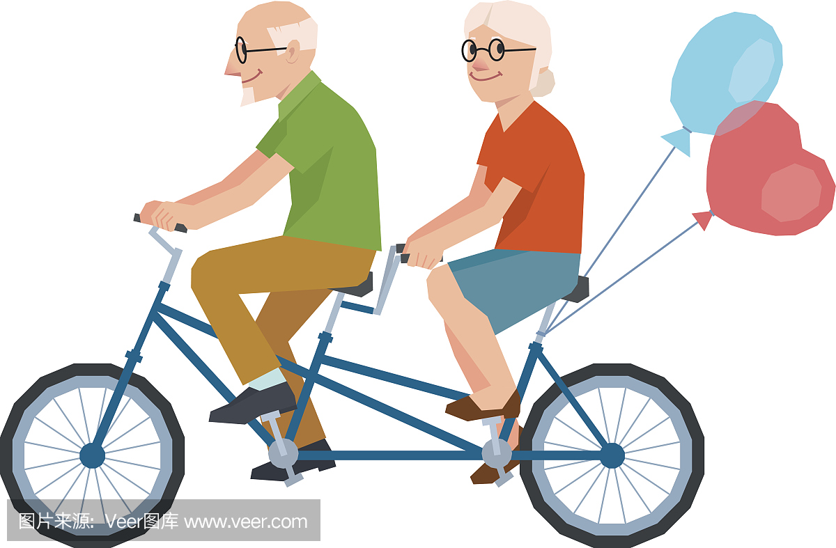 矢量高级结婚一对夫妇骑着一辆双人自行车