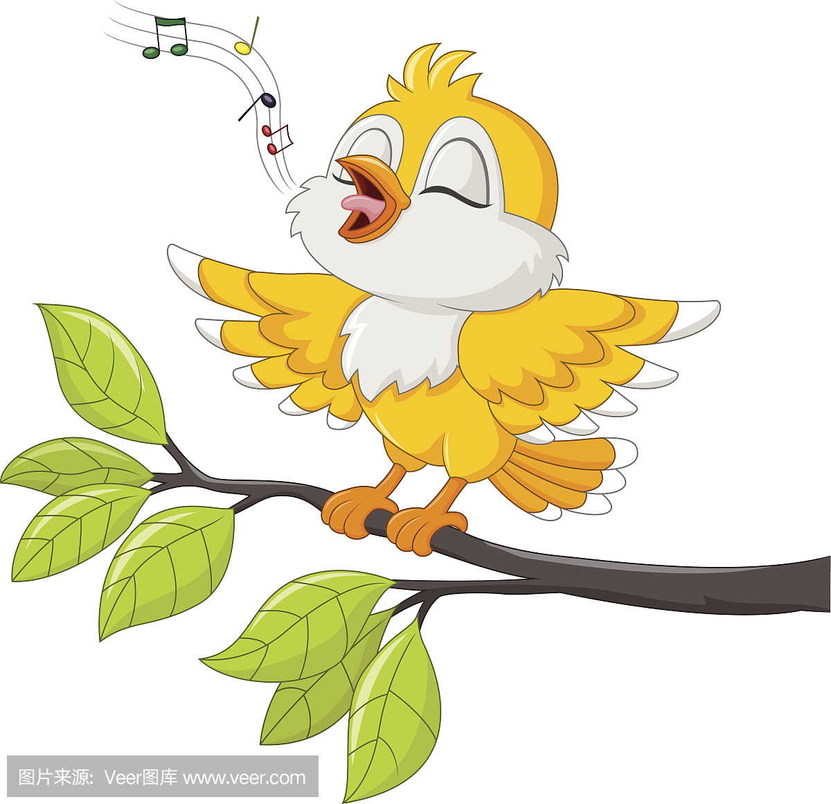 孤立在白色背景上的可爱的黄色鸟唱歌