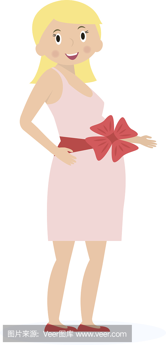孕妇用礼物弓在腹部。期望概念。