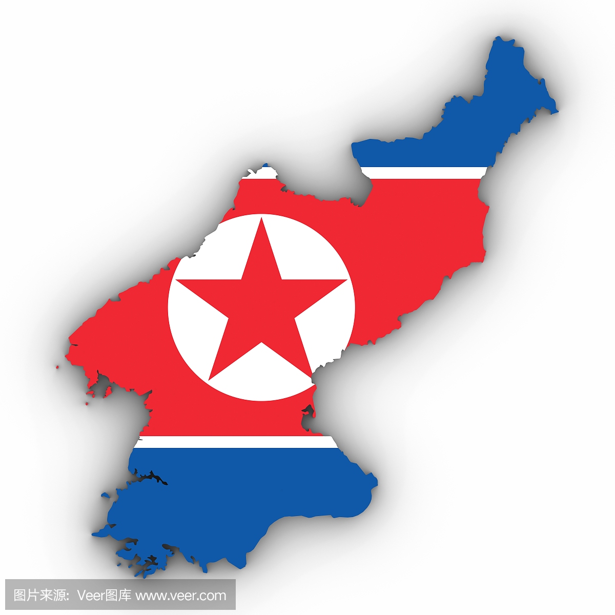 北韩地图大纲与北朝鲜国旗在白色与阴影3D插