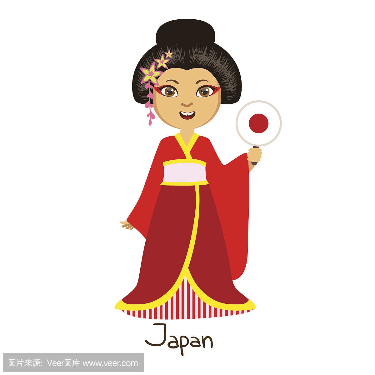 女孩在日本国家国家衣服,穿和服传统为国家