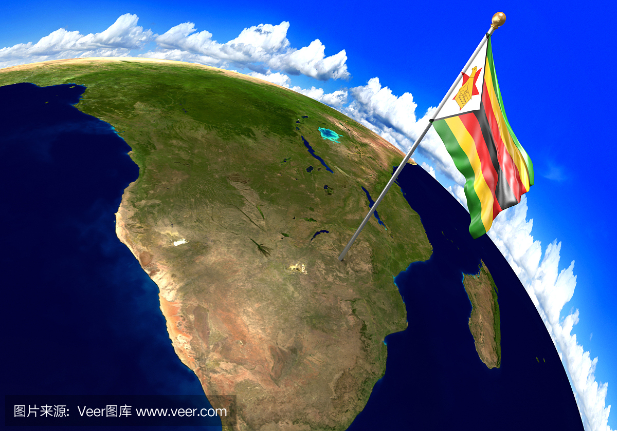 津巴布韦国旗标志着世界地图上的国家位置。 