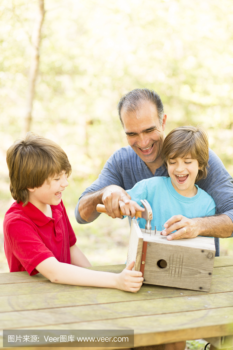 父亲和两个儿子在户外建造鸟舍。家人在一起的