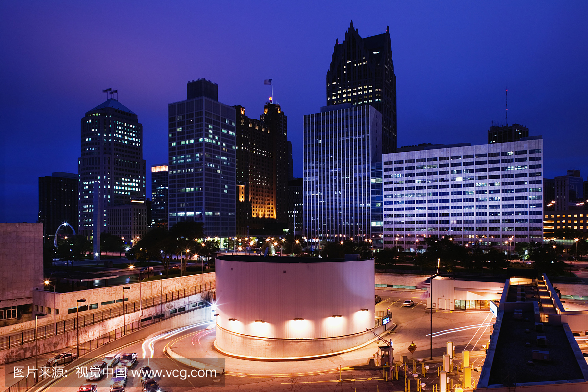 美国,密歇根州,底特律,城市天际线和入口到底特