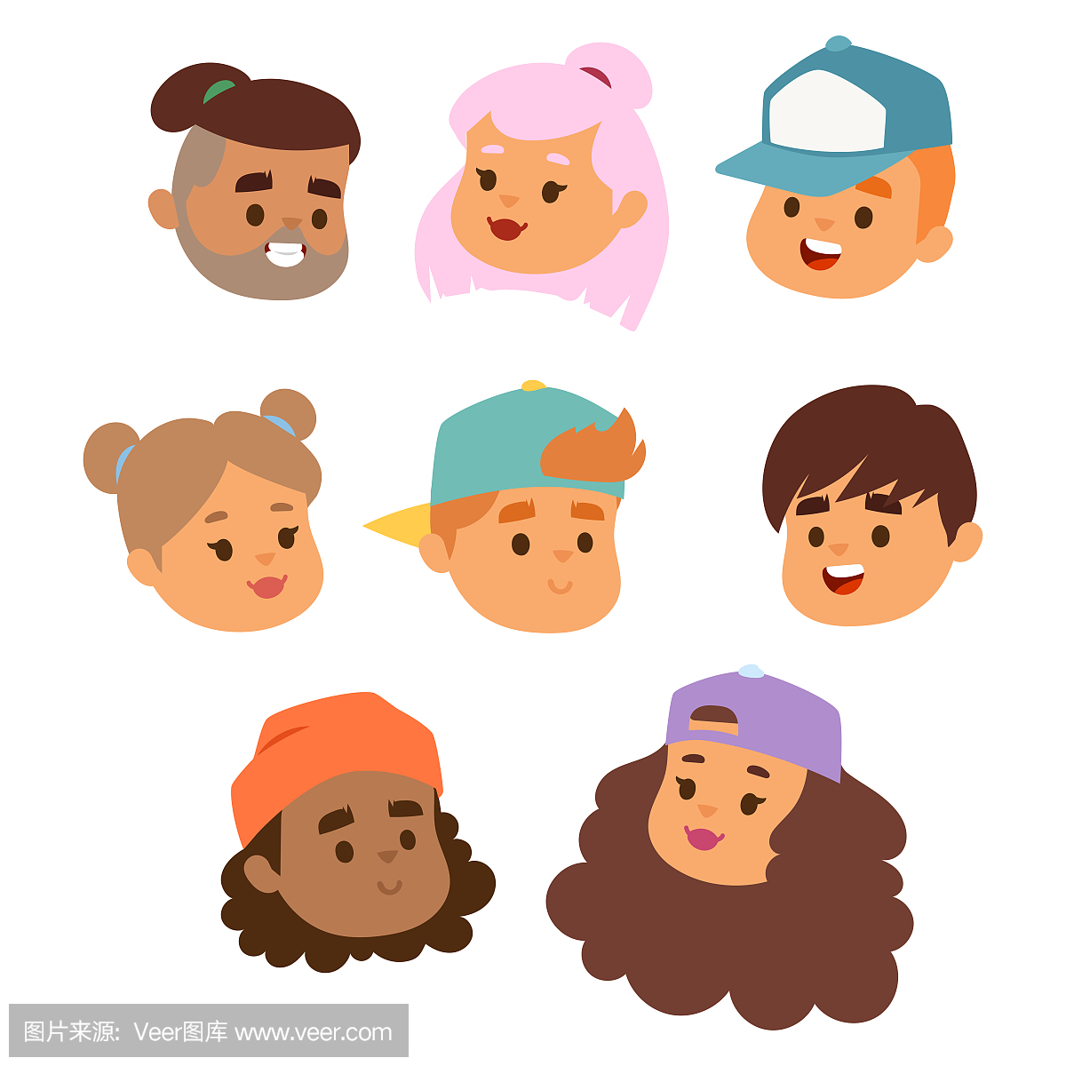 儿童矢量脸肖像孩子字符女孩或男孩面对发型与