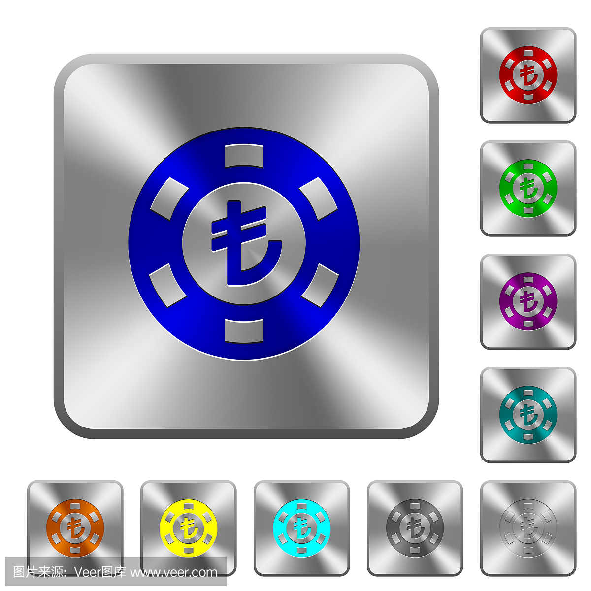 土耳其里拉赌博娱乐场芯片环绕了方形的钢按钮