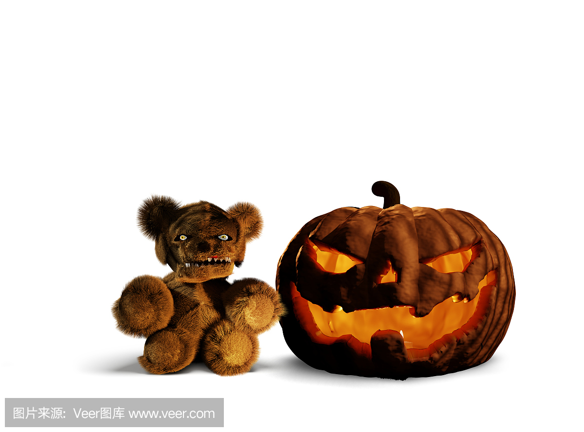 万圣节恐怖邪恶的南瓜和泰迪熊恐怖熊3d渲染