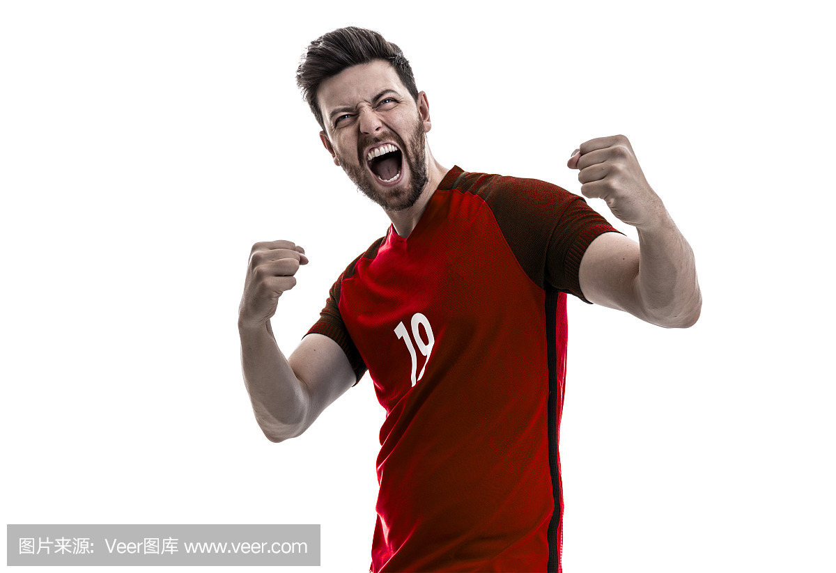 红色制服的爱好者\/体育运动员庆祝在白色背景