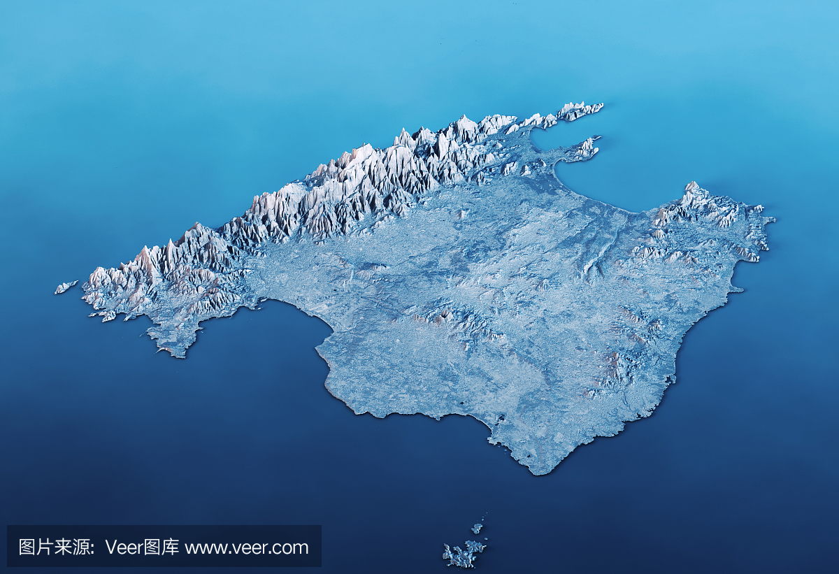 马略卡岛3D渲染卫星地图地形图水平蓝色