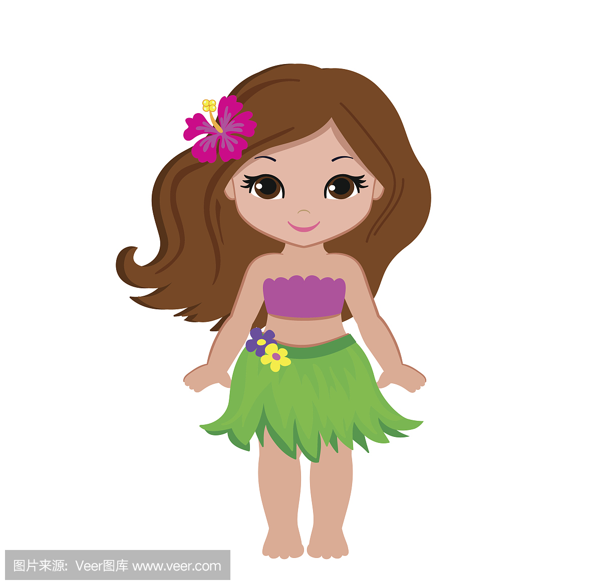 可爱的卡通女孩在传统夏威夷舞蹈服装。