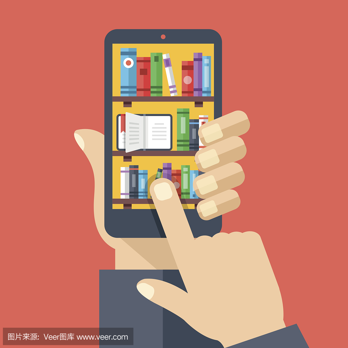 书架,智能手机屏幕上的书籍。在线数字图书馆