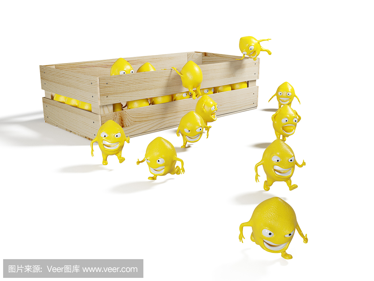 柠檬人物逃离wodden盒子。 3d渲染