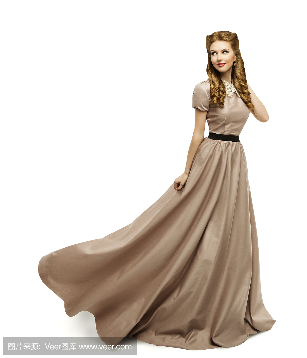 女士棕色连衣裙,长褂车削时尚模特,白色