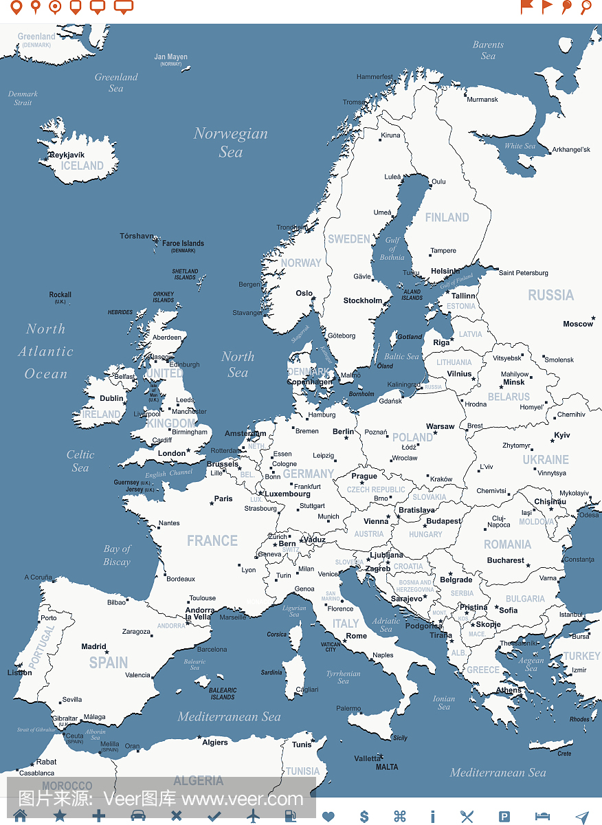 欧洲地图插图与导航标签