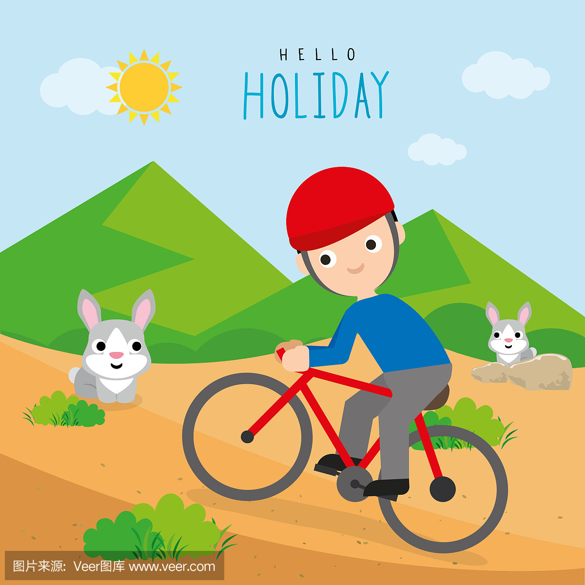 男孩骑自行车旅行度假假日放松室外男孩卡通人