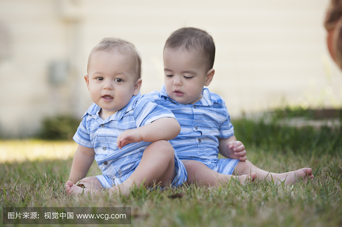 12个月大的异卵双胞胎一起坐在草地上