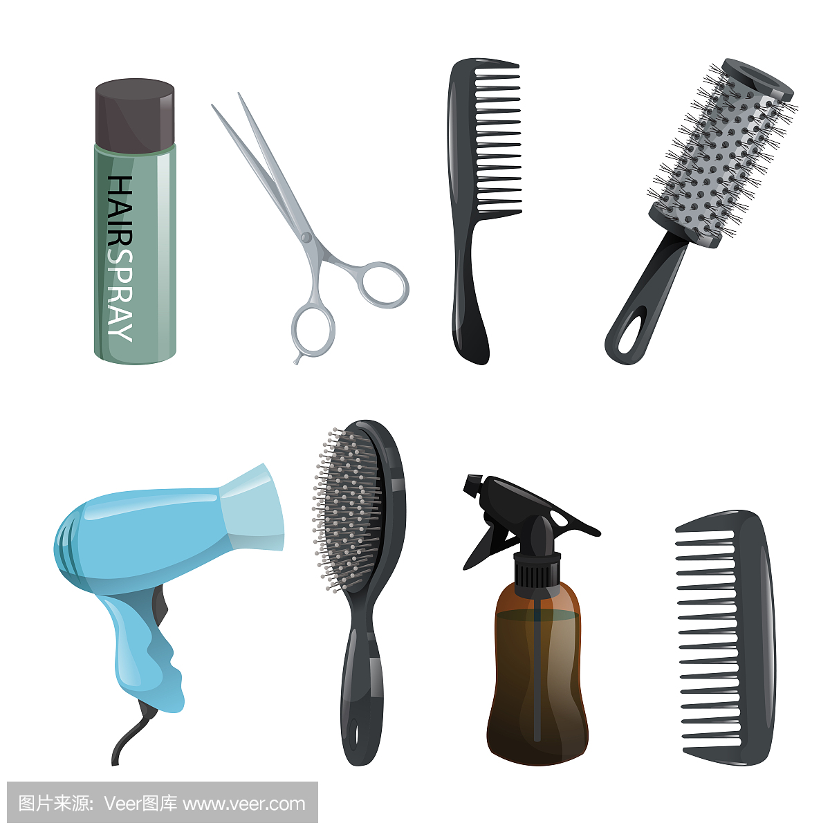 头发美容美发器材设置。发胶,剪刀,梳子,发刷,烘