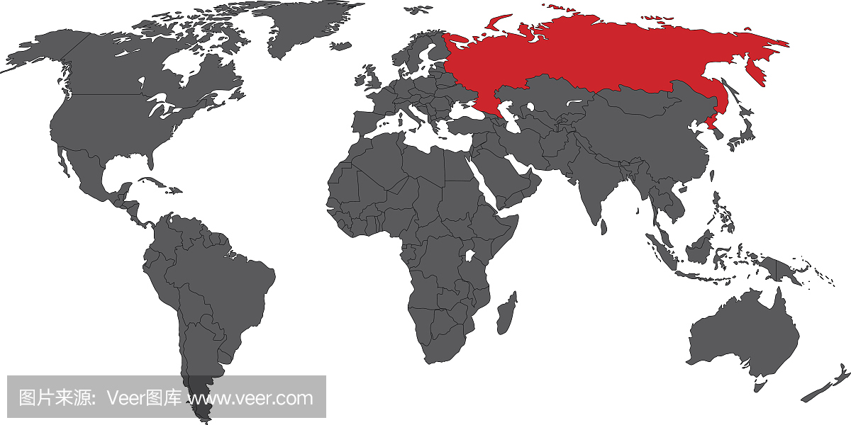 俄罗斯红色在灰色世界地图矢量图